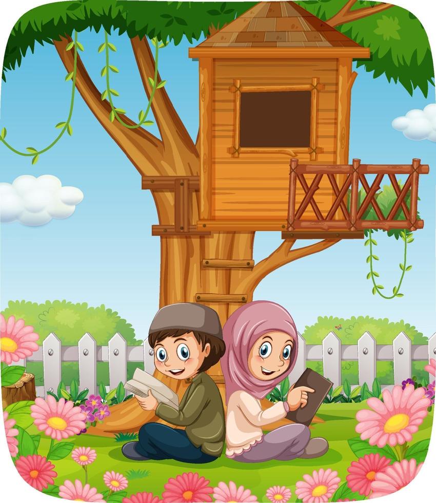 Muslim sister and brother cartoon character vector