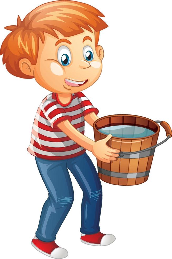A boy holding bucket full of water on white background vector