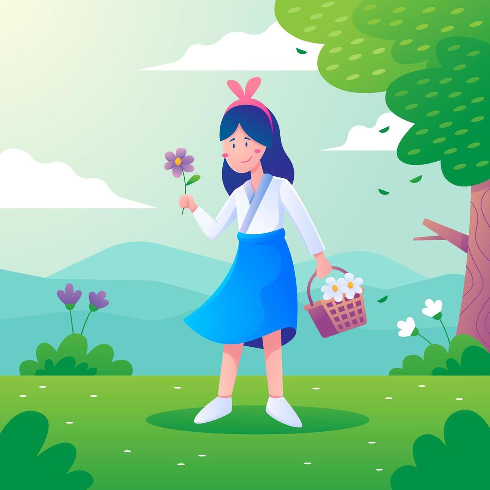 niña recogiendo flores en primavera vector