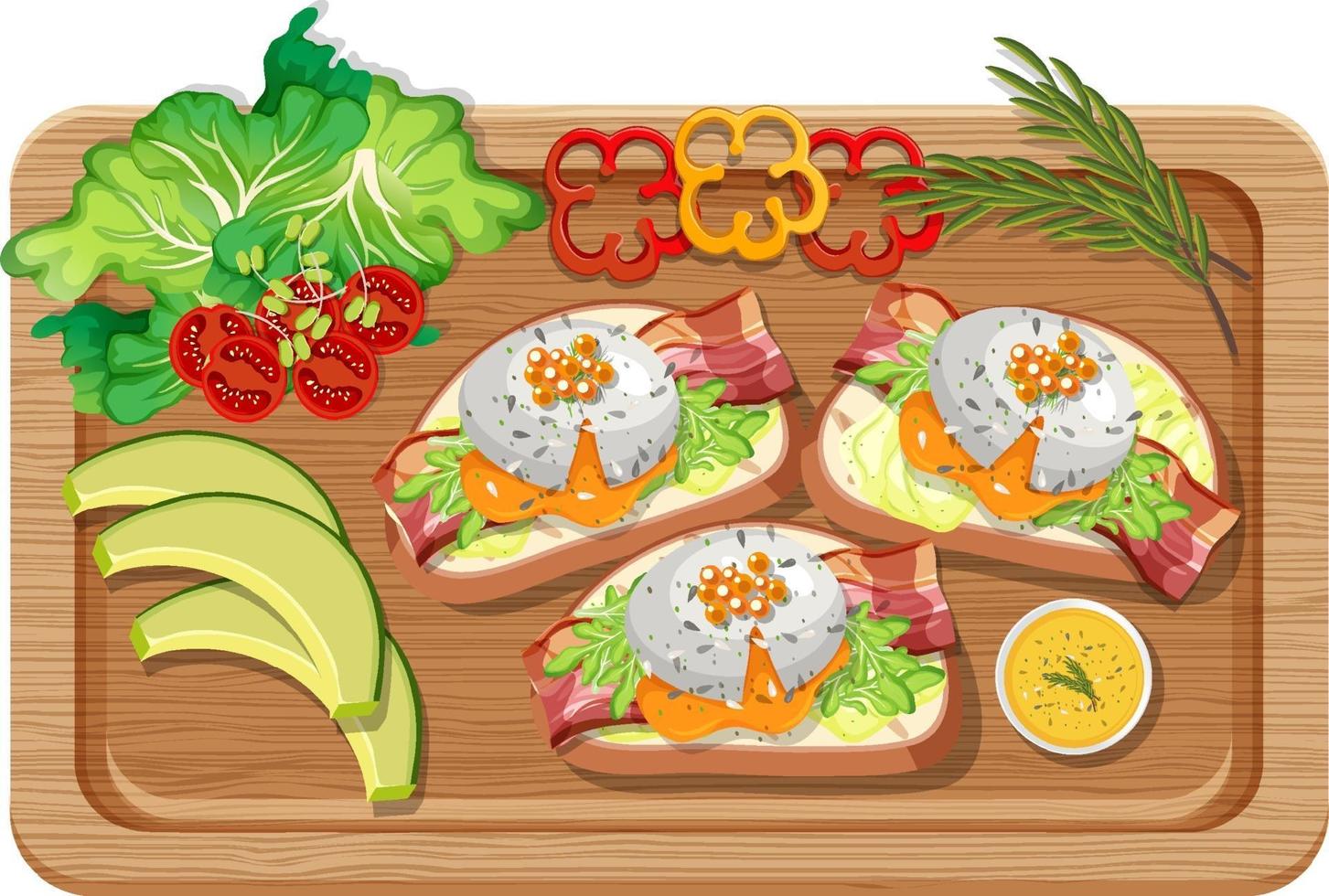 Top view of breakfast set in a cutting board isolated vector