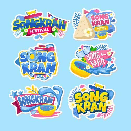 colección de pegatinas songkran con fuentes interesantes vector