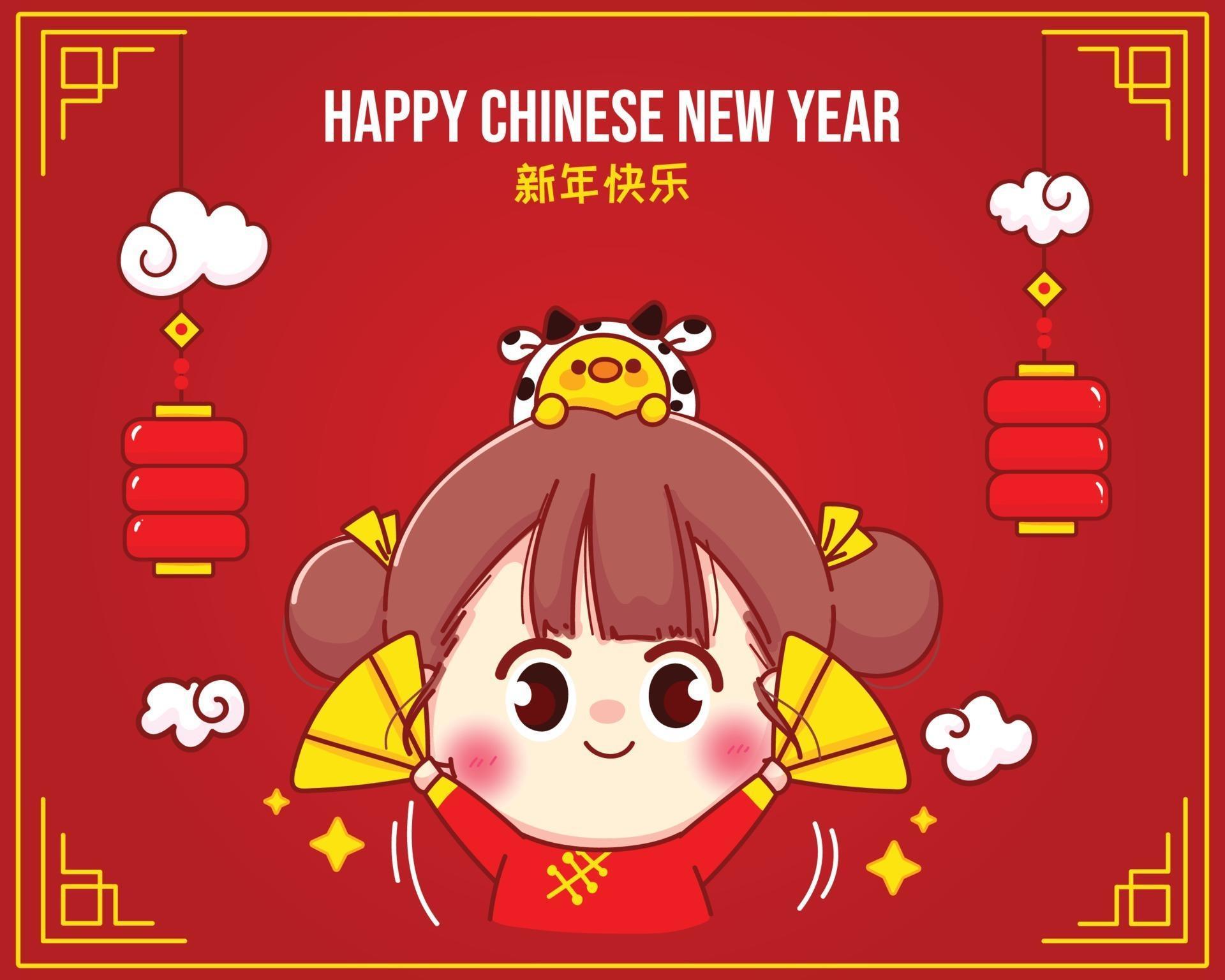 Happy girl and cute cow, happy chinese new year celebration cartoon