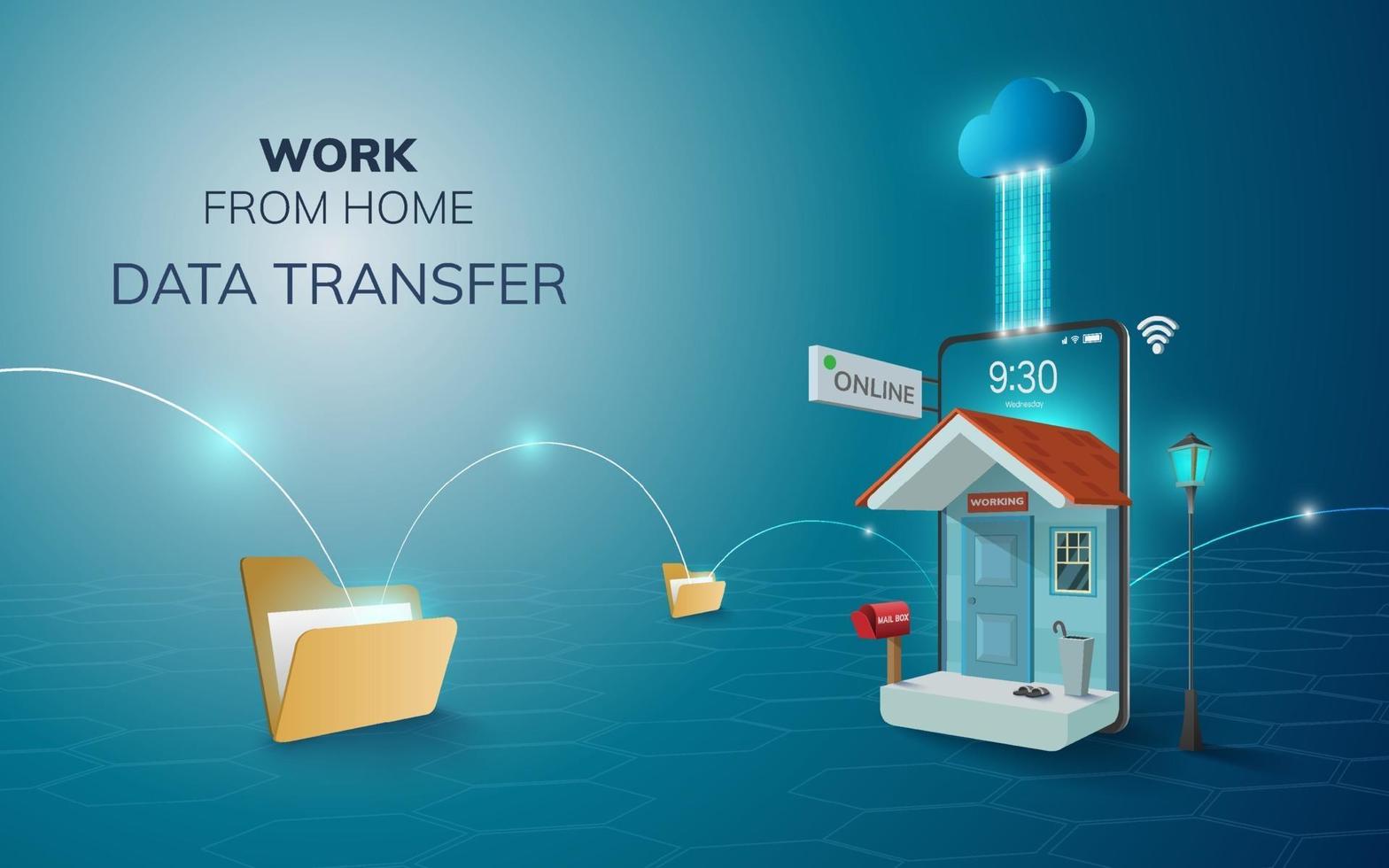 Digital Online Work from home on phone, mobile website background. social distance data transfer concept vector