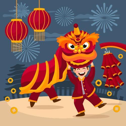 Children Playing the Lion Dance vector