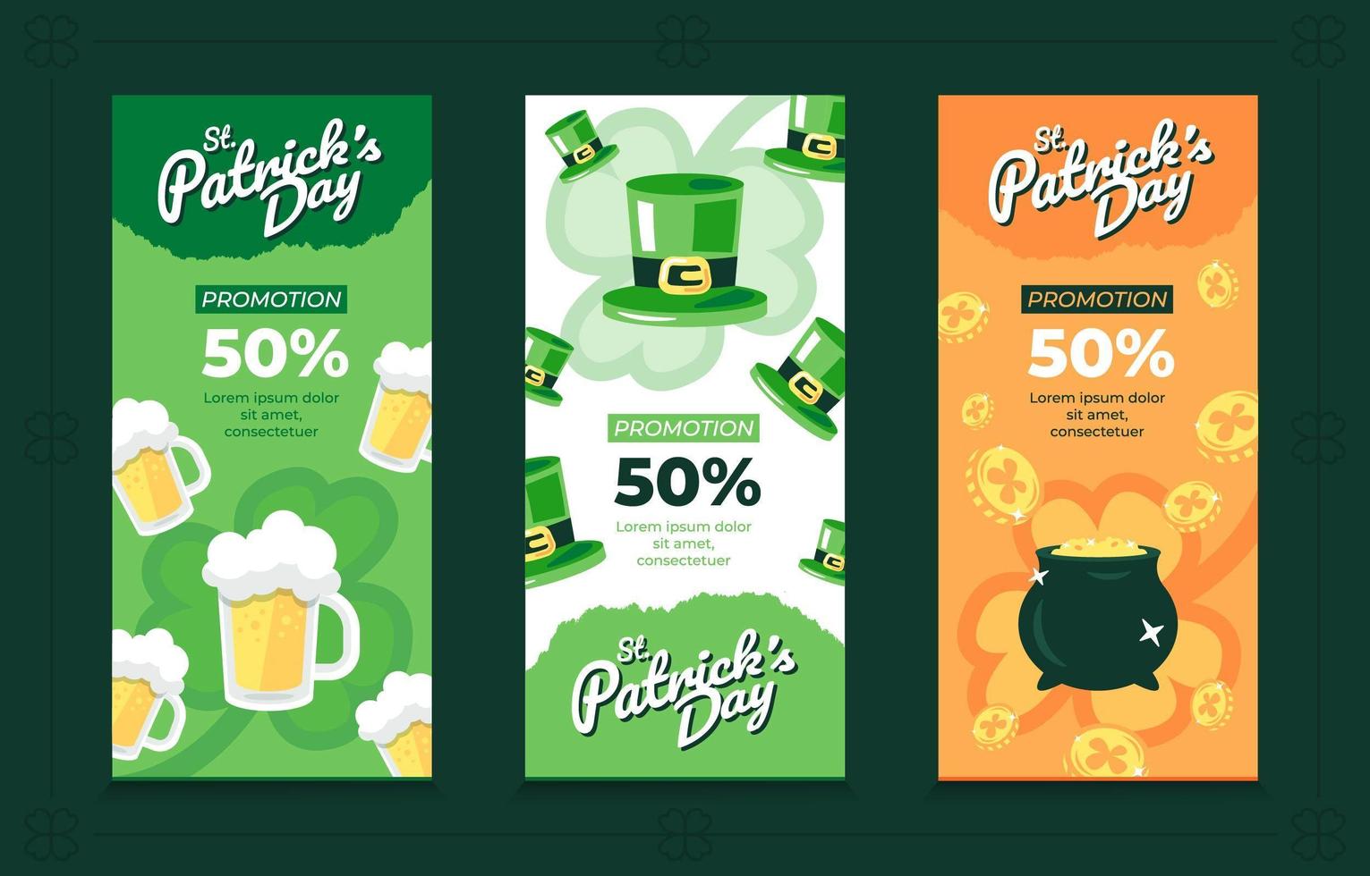 Pack of 3 Vertical Banner Templates for St. Patrick's Day vector