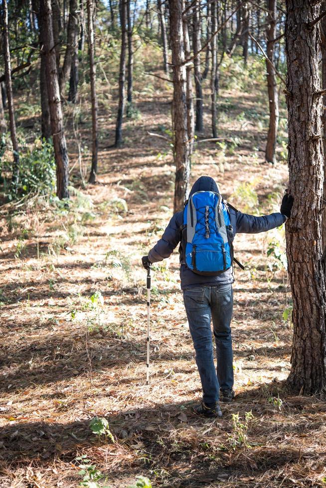 trasero de un joven con mochila sube a la montaña foto