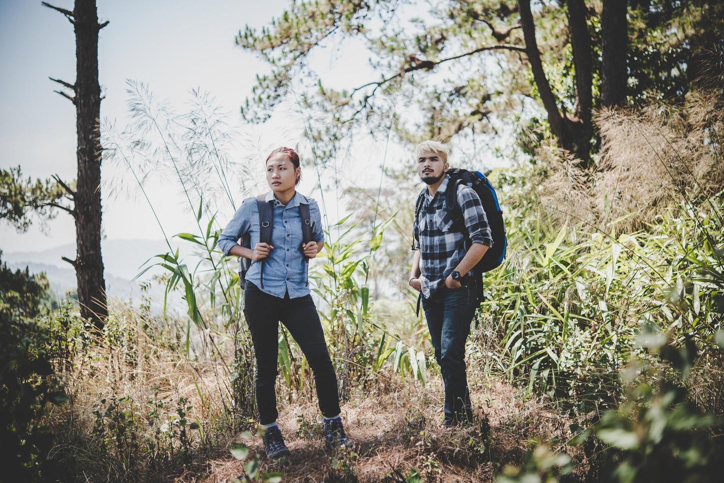 pareja caminando por el bosque hasta la cima de la montaña foto