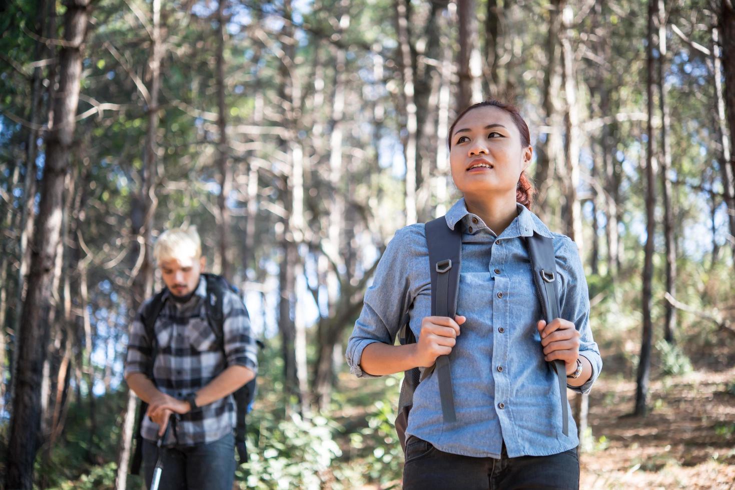 pareja de excursionistas mochileros en el bosque de pinos foto