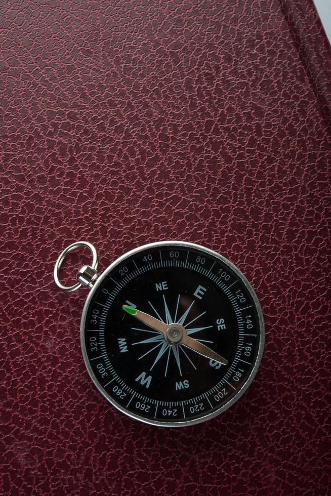 Compass on a red leather background photo