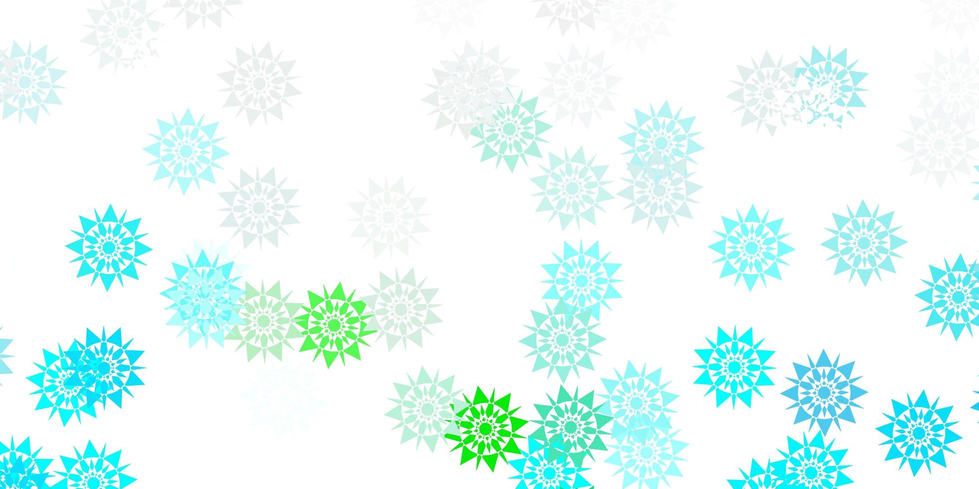 diseño de vector azul claro, verde con hermosos copos de nieve.