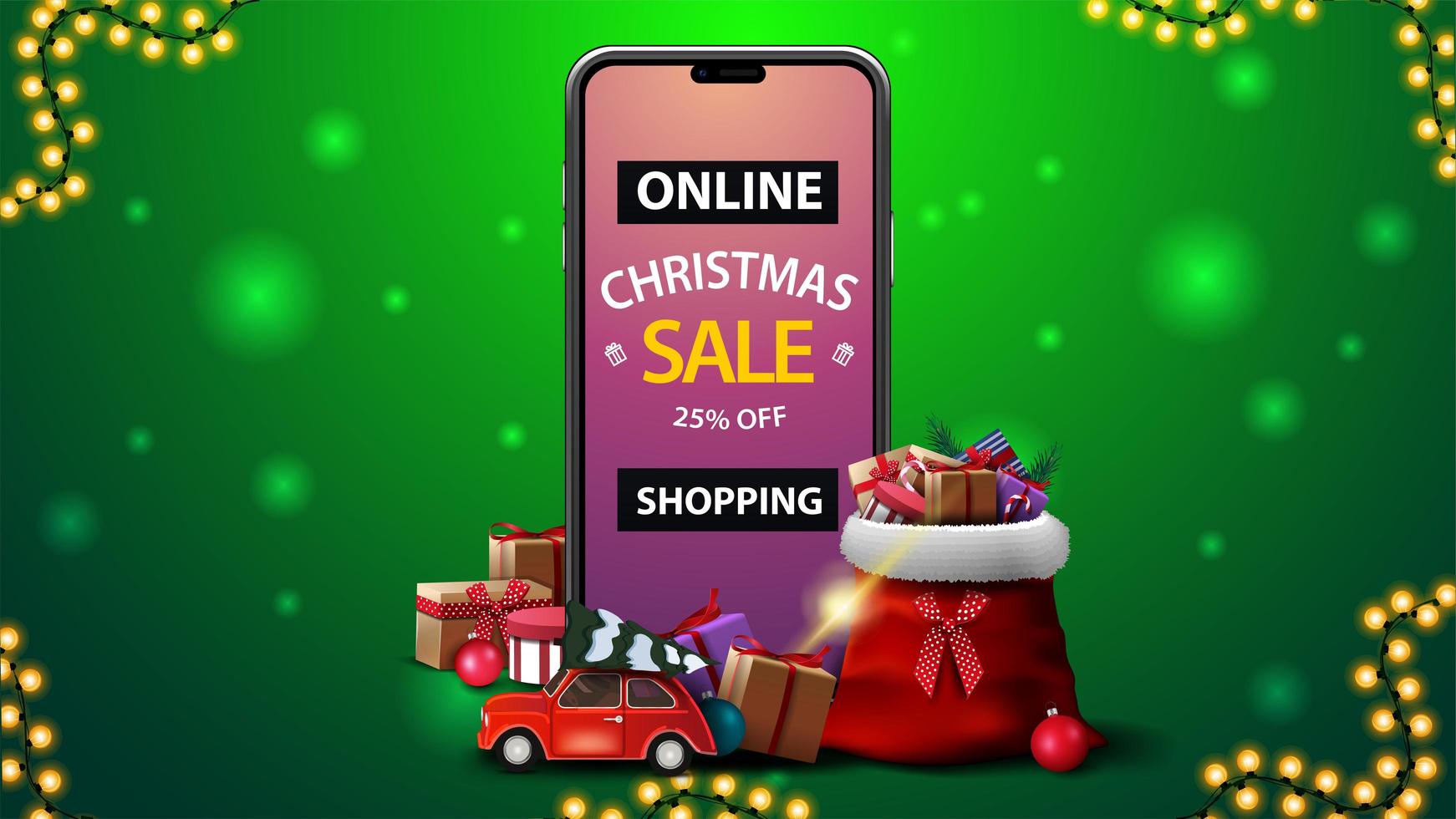 compras en línea, venta de navidad, banner de descuento verde con teléfono inteligente con oferta en pantalla, bolsa de santa claus con regalos y coche rojo de época con árbol de navidad vector