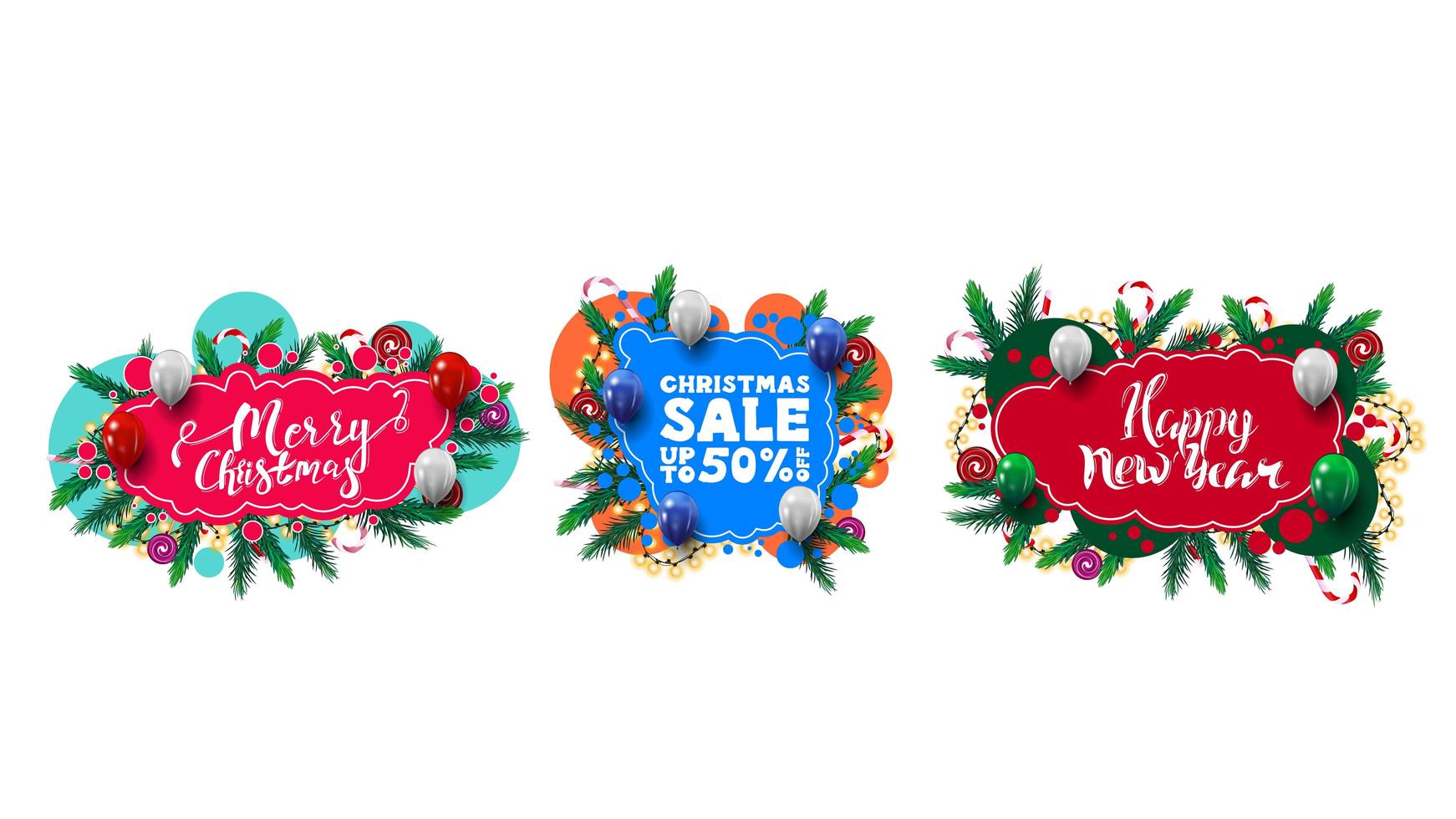 Set of Christmas greeting and discounts web elements in graffiti style with abstract shapes decorated with Christmas tree branches, candies and garlands vector