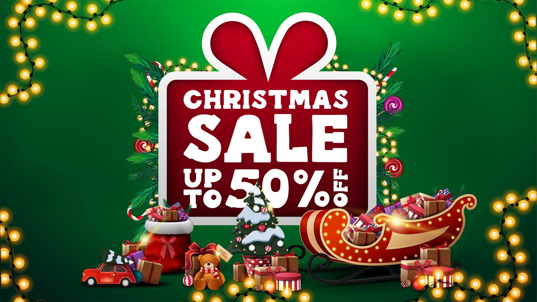 Christmas sale, up to 50 off, green discount banner with large cartoon present with large offer decorated with Christmas tree branches, candies, garlands and Christmas presents vector