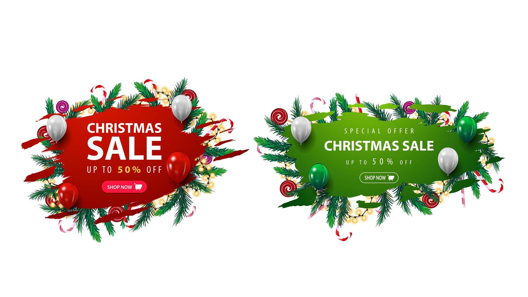 Collection of Christmas discounts web banner with abstract ragged shapes decorated with Christmas tree branches, candies and garlands. vector