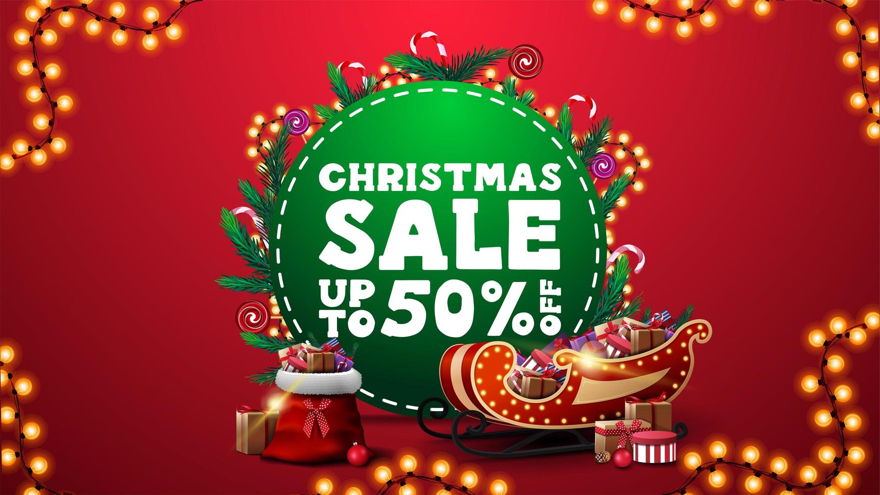 Christmas sale, up to 50 off, vertical red discount banner with green circle with offer, decorated with Christmas tree branches, candies and garlands and Santa Claus sleigh and bag with presents vector