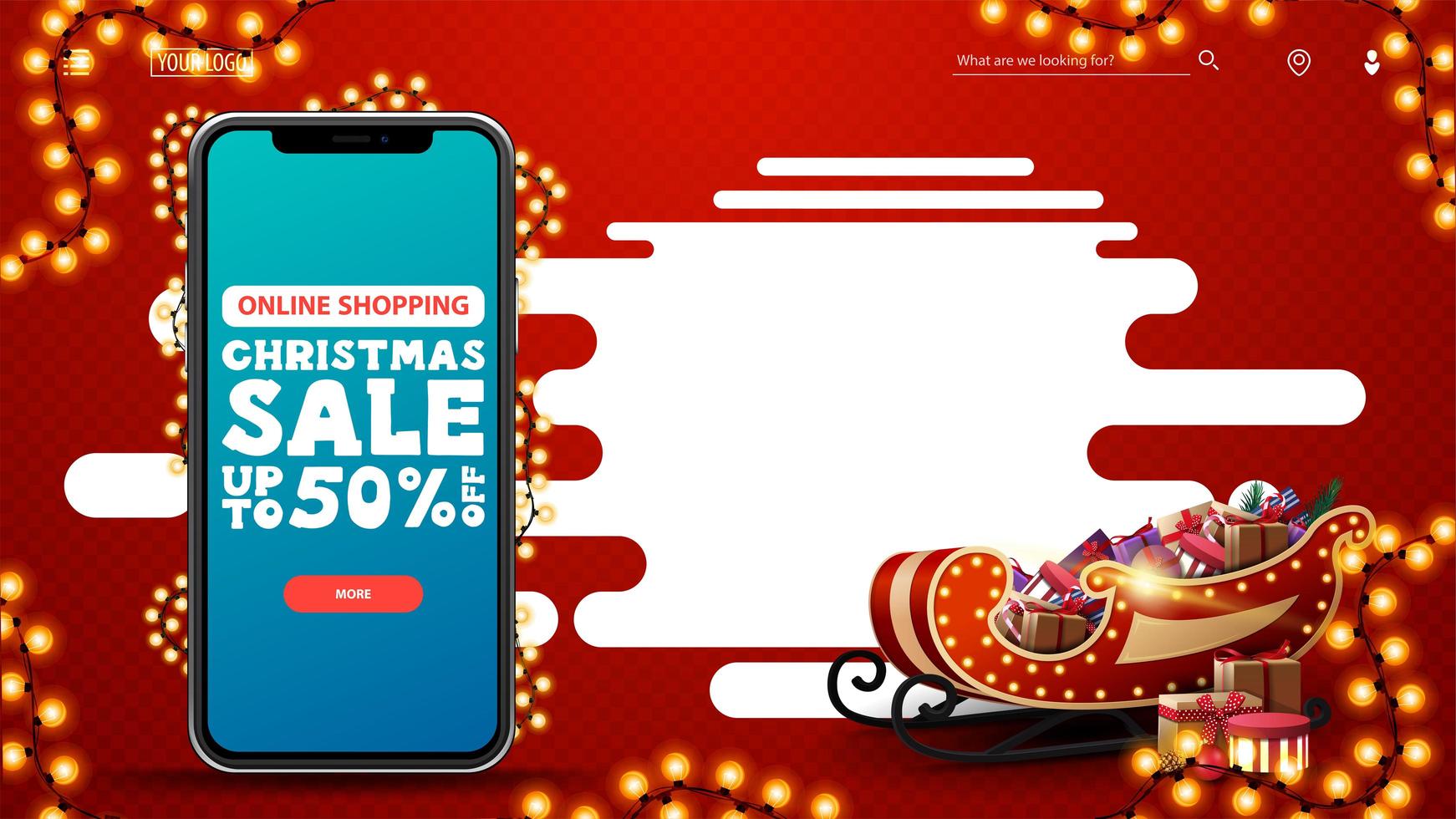 Online Shopping, Christmas sale, up to 50 off, red discount template with smartphone with offer and button on screen, copy space and Santa Sleigh with presents vector