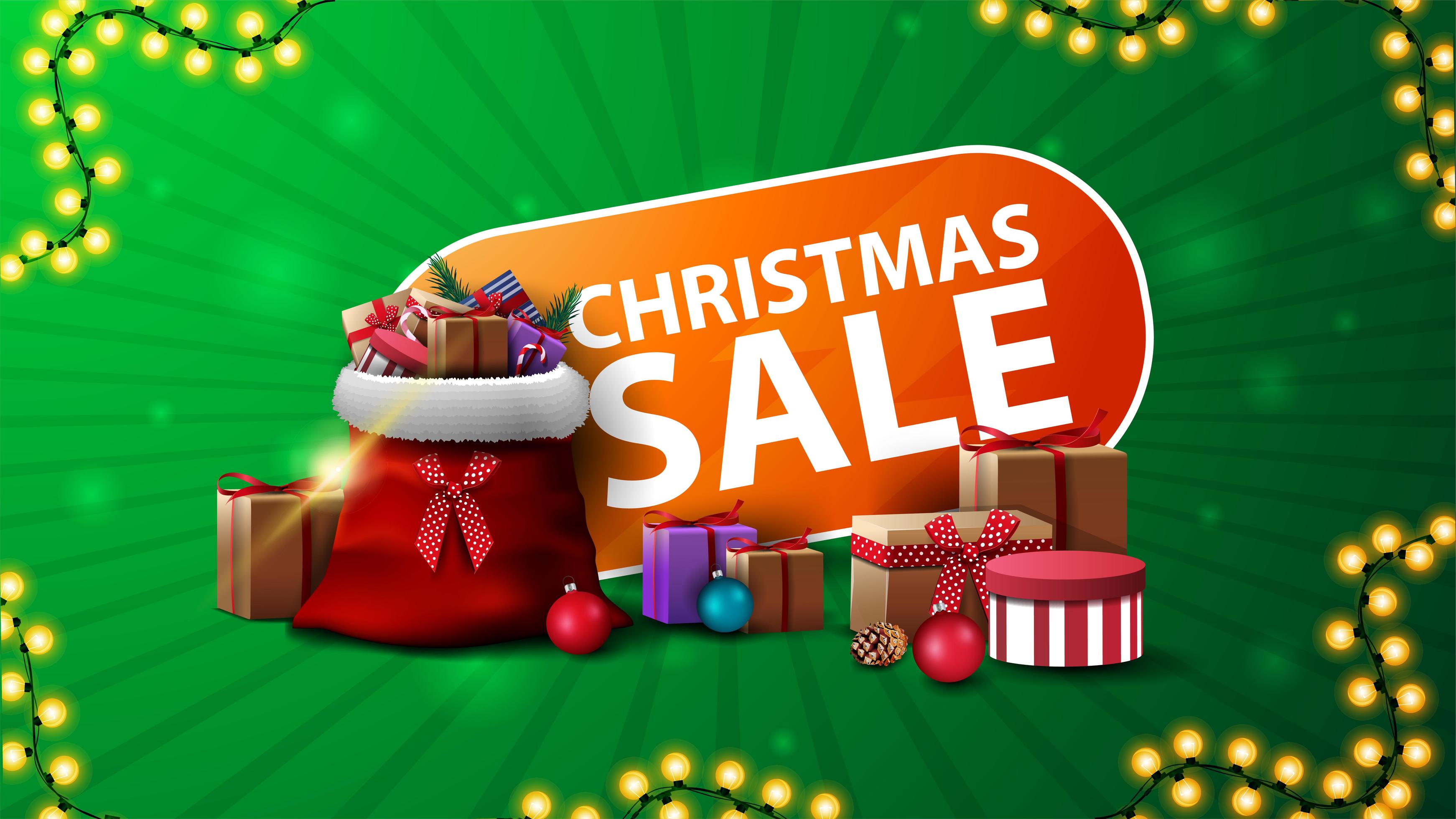 Christmas sale, green and orange discount web banner with Santa Claus bag with presents 1955740 