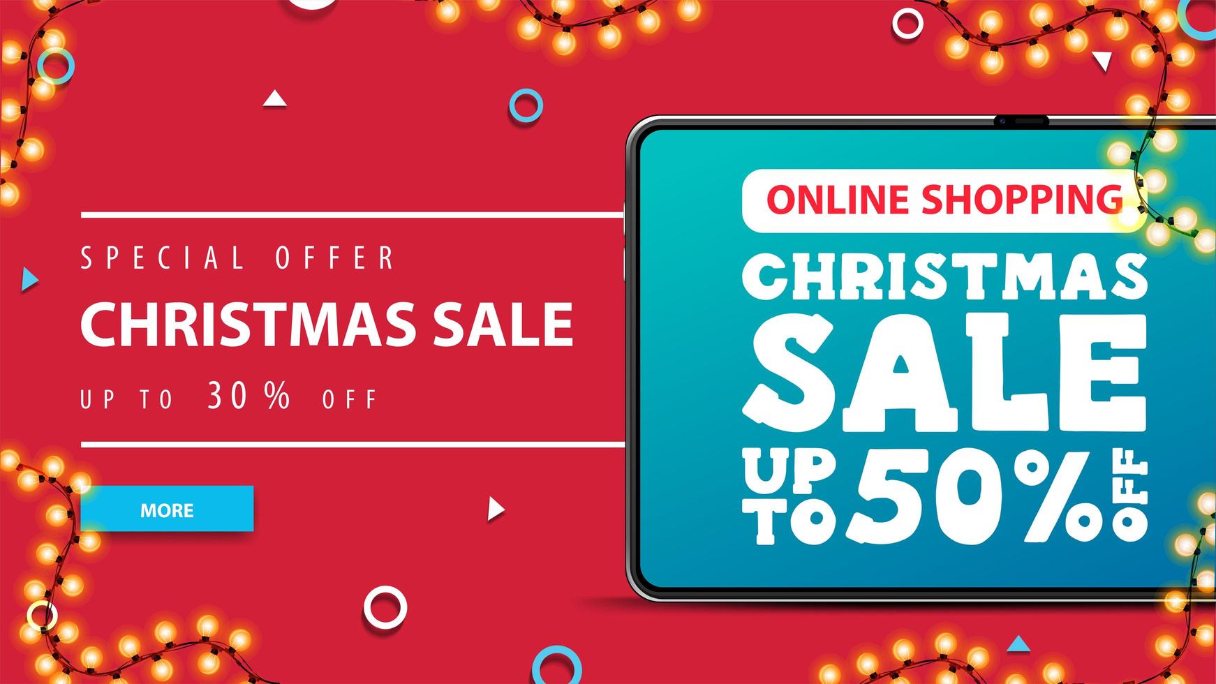 Online Shopping, Christmas sale, up to 50 off, red discount banner with tablet with offer on screen. Modern Christmas discount banner vector