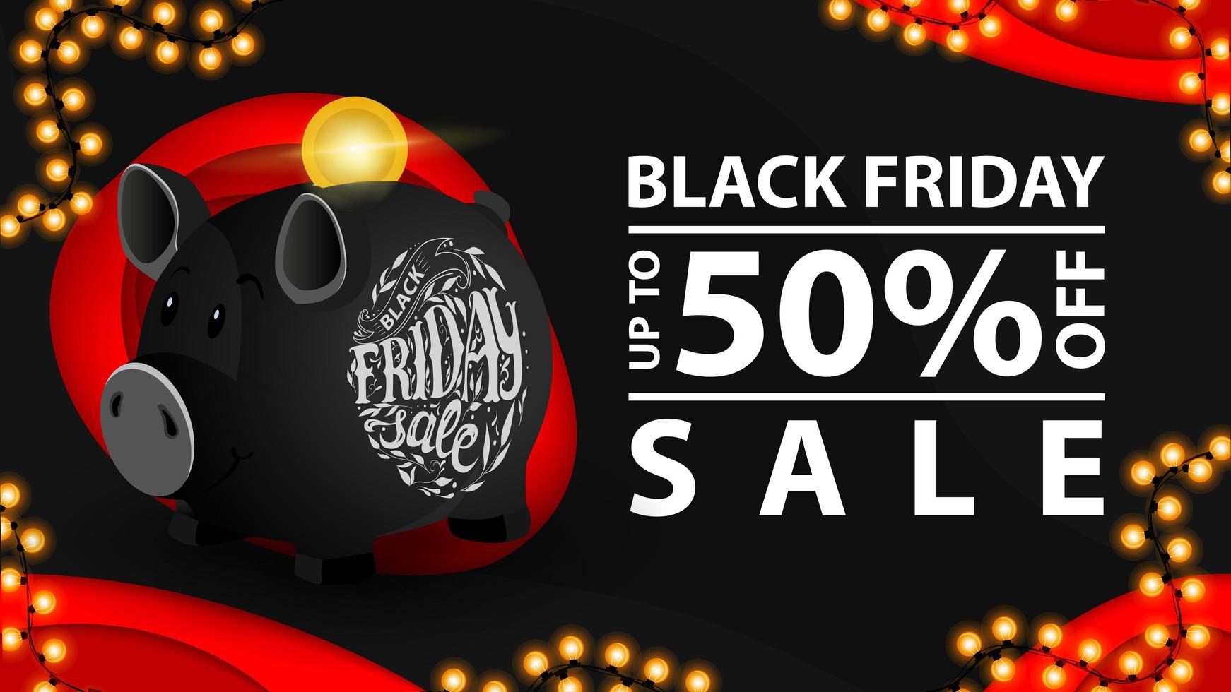 Black Friday sale, up to 50 off. Modern black discount banner in paper cut style with piggy bank vector