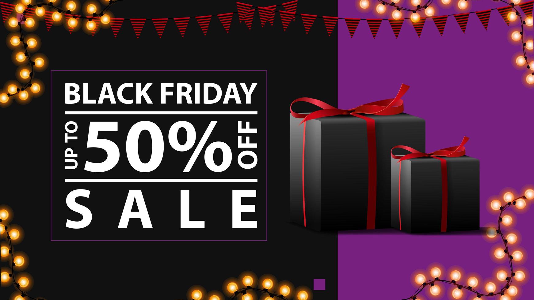 Black Friday sale, up to 50 off. Modern horizontal discount banner with gifts vector