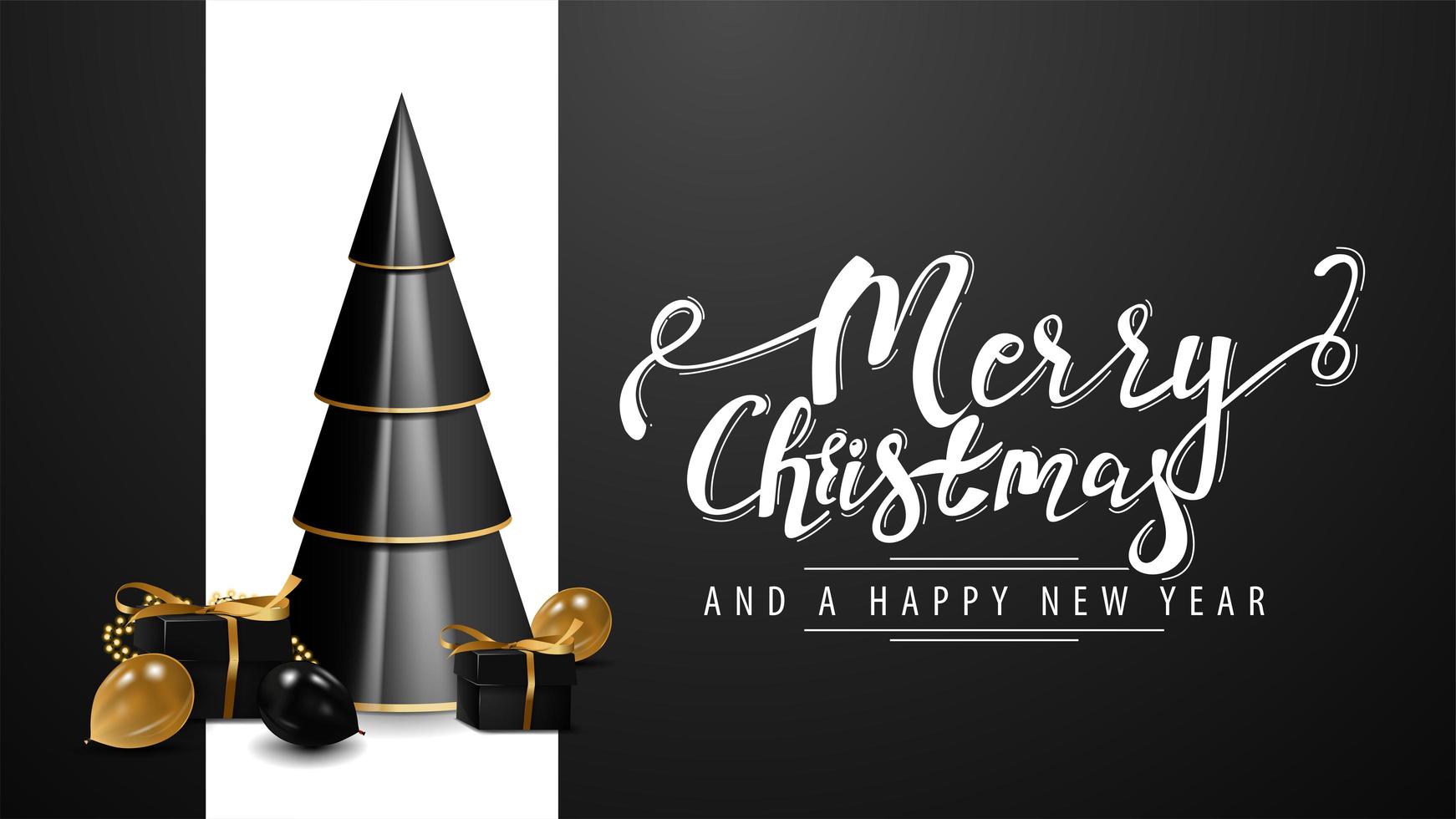 Merry Christmas and a Happy New Year, white and black postcard with volumetric geometrical Christmas tree with presents in black and gold colors vector