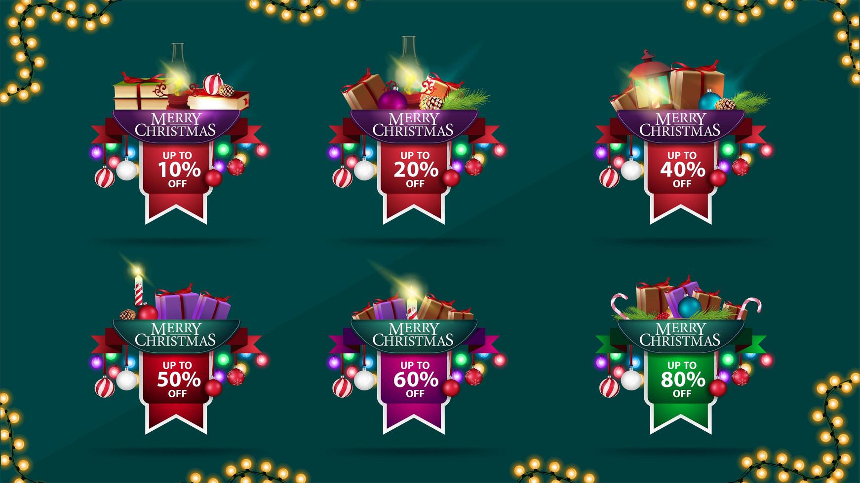 Collection of Christmas discount stickers made of ribbons and decorated with pile of Christmas presents vector