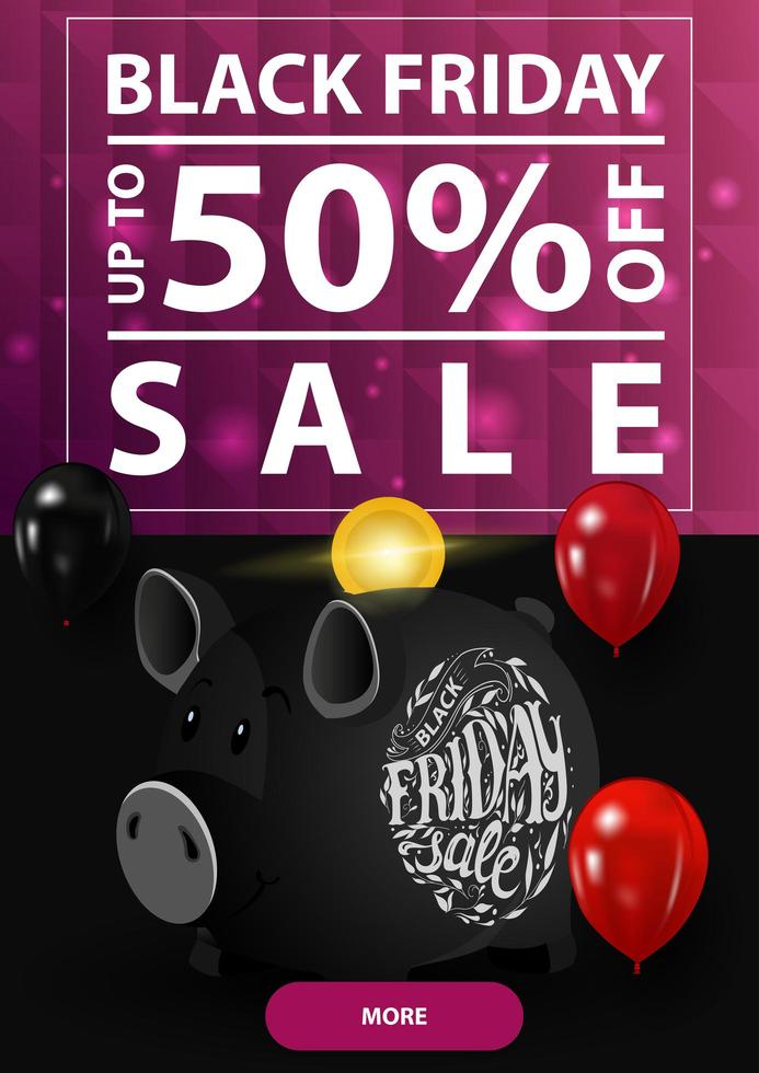 Black Friday sale, up to 50 off, vertical discount banner with polygonal purple texture and piggy bank vector