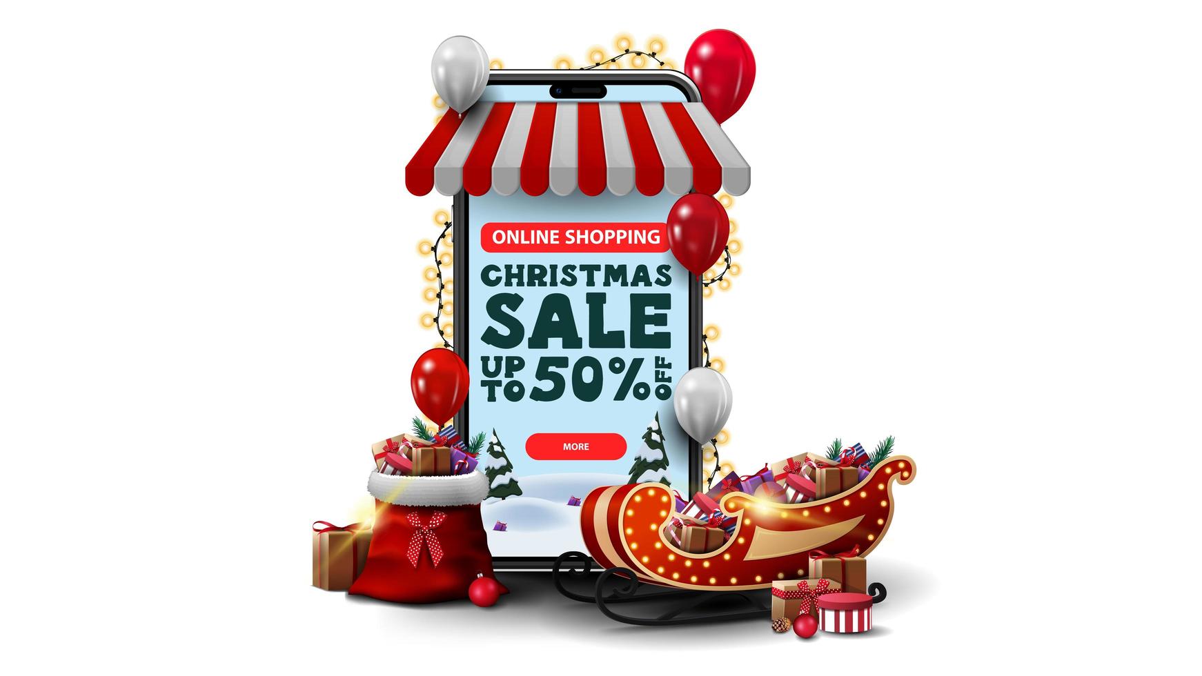 Online shopping, Christmas Sale, up to 50 off. Online shopping with smartphone. Volumetric smartphone wrapped with garland and presents isolated on white background vector