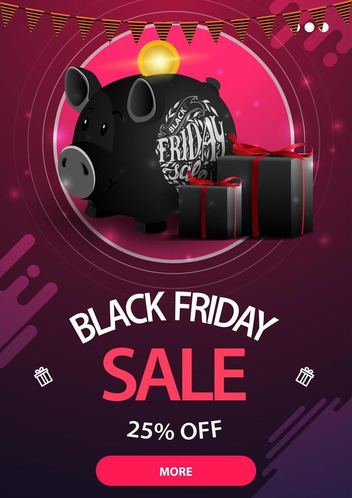 Black Friday sale, up to 25 off, vertical purple discount banner with piggy bank vector