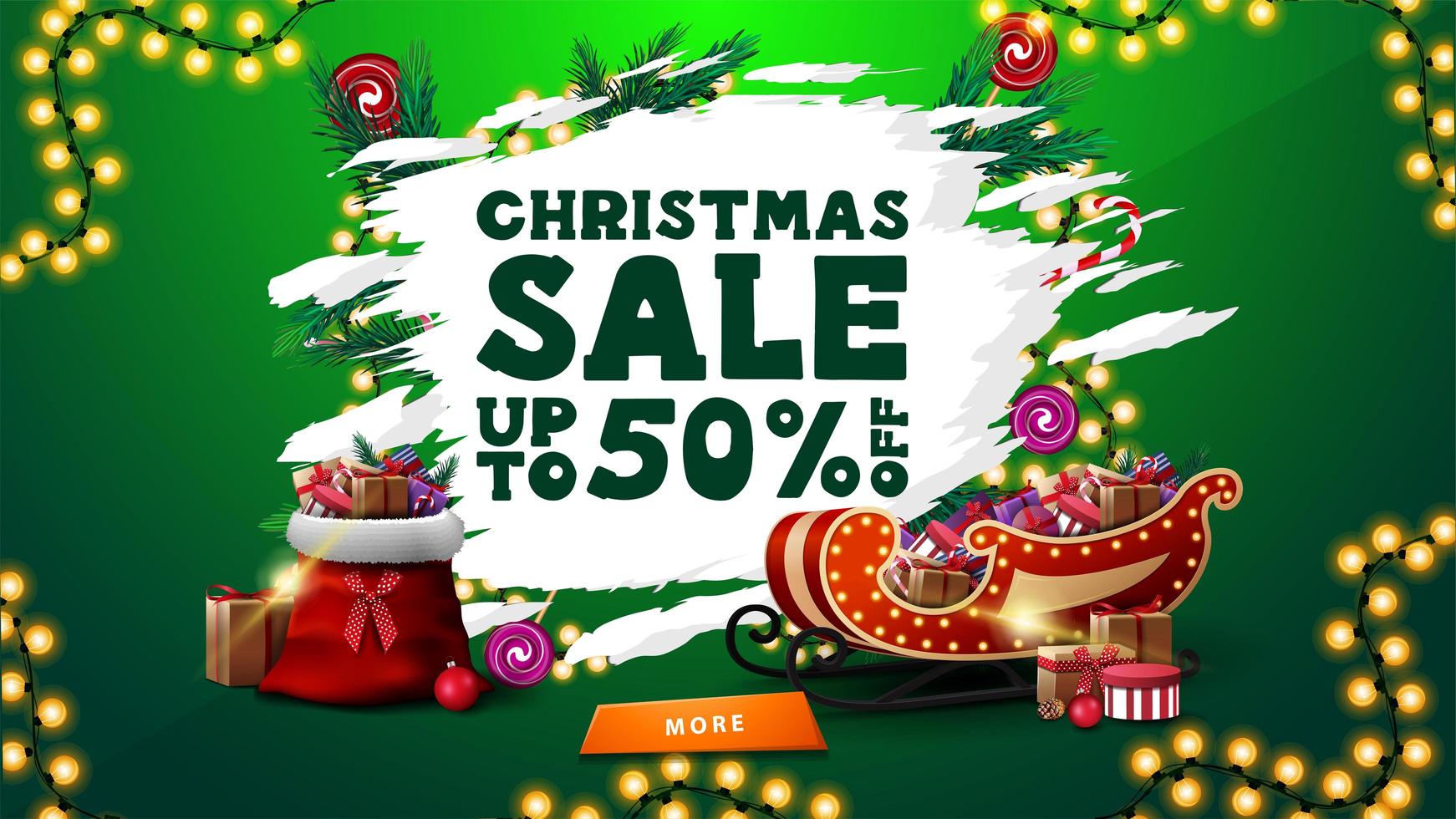 Christmas sale, up to 50 off, green discount banner with abstract ragged shape decorated with Christmas elements, garland frame, button, Santa sleigh and Santa bag vector