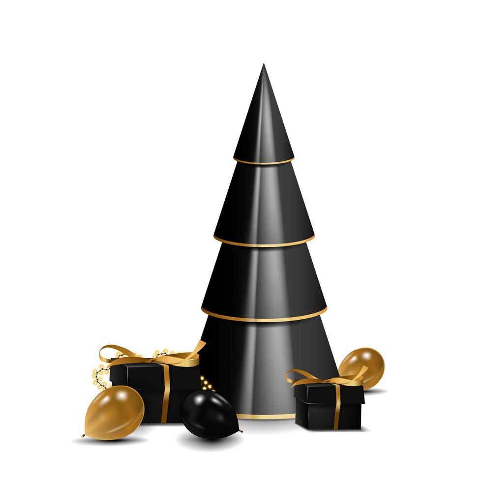 árbol de navidad geométrico volumétrico con regalos y globos negros y dorados. Árbol de Navidad 3D con regalos en colores negro y dorado aislado sobre fondo blanco. vector