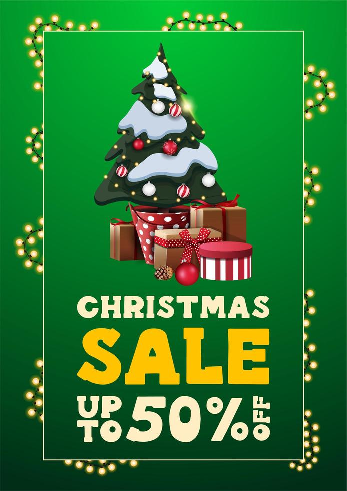 Christmas sale, up to 50 off, green vertical discount banner in minimalistic style with garland frame and Christmas tree and gifts vector