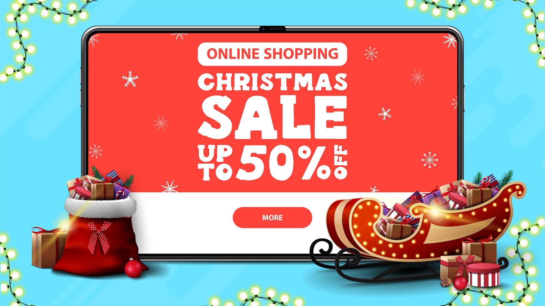 compras en línea, venta de navidad, hasta 50 de descuento, banner de descuento con tableta grande con oferta y botón en pantalla y trineo de santa claus y bolsa con regalos vector