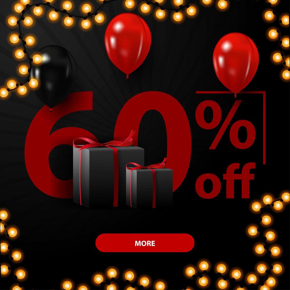 Black Friday sale, up to 60 off, discount banner with large numbers, gifts and balloons vector