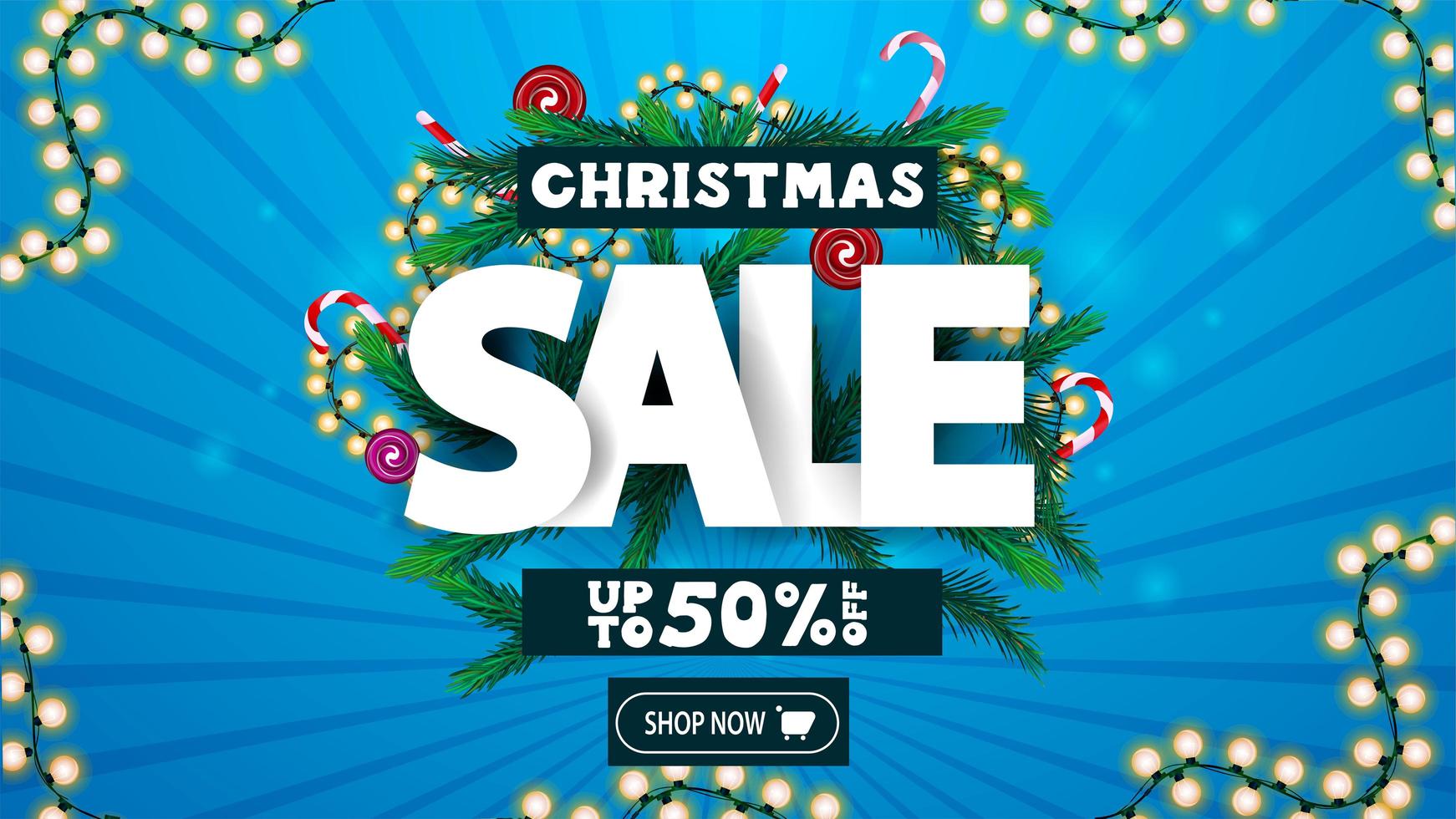 Christmas sale, up to 50 off, discount banner with volumetric text decorated of Christmas tree branches, candies and garlands. vector