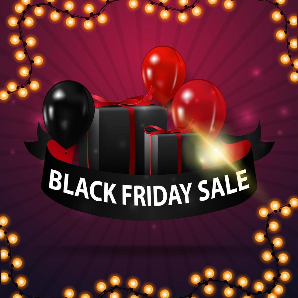 Black Friday sale, discount banner in the form of ribbon with ballons, gifts and garland frame vector