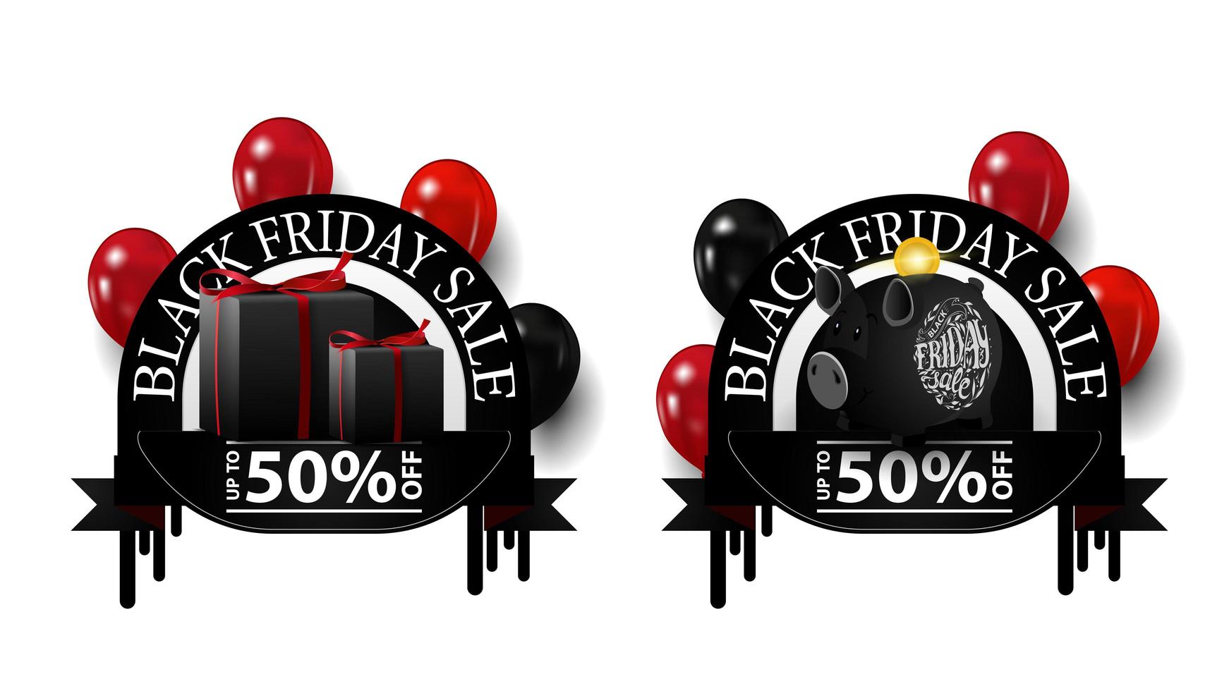 Black Friday sale, up to 50 off, two round discounts banners with piggy bank, balloons and gifts isolated on white background for your arts vector