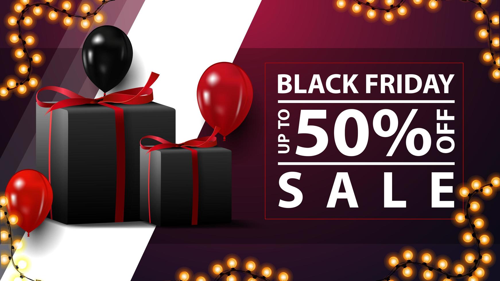 Black Friday sale, up to 50 off, purple horizontal discount banners with gifts, balloons and garland vector