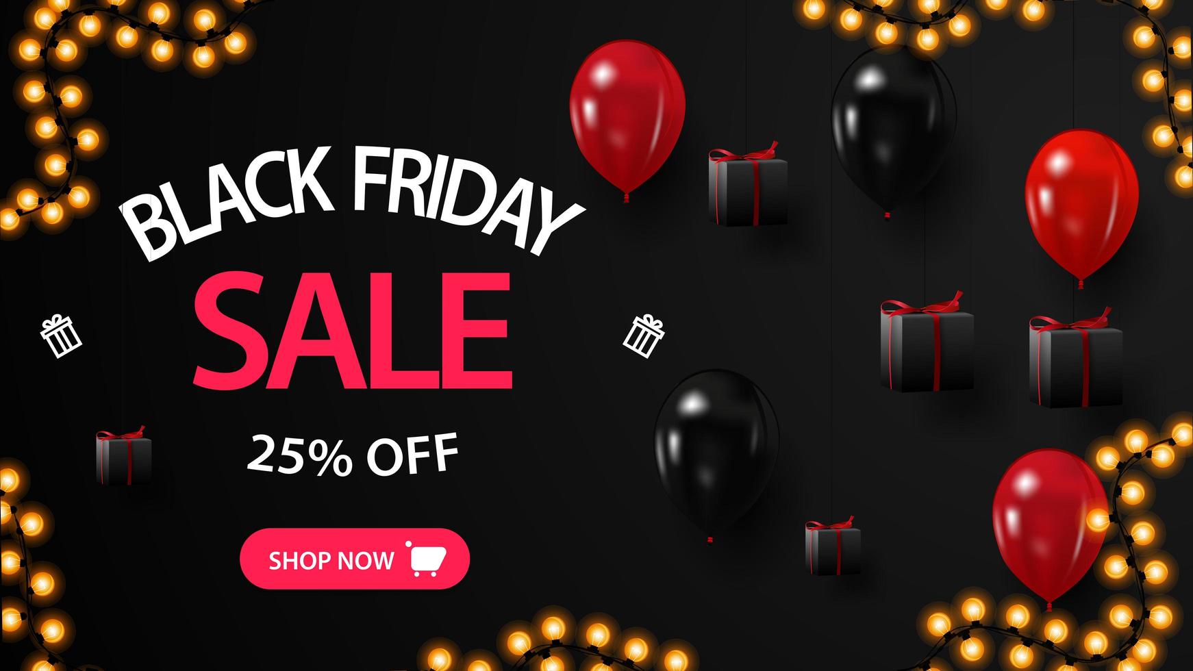 Black Friday sale, up to 25 off, creative black banner with gifts near a black wall and balloons vector