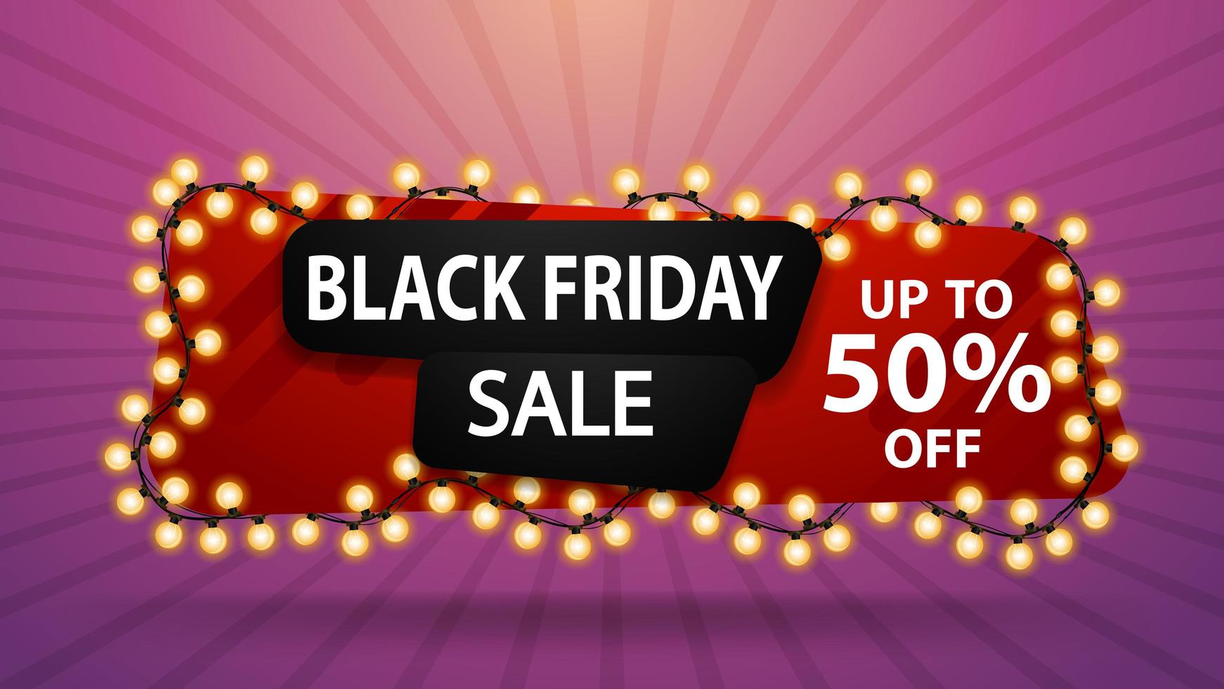 Black Friday sale, up to 50 off, discount banner with a yellow garland wound around a banner and balloons. vector