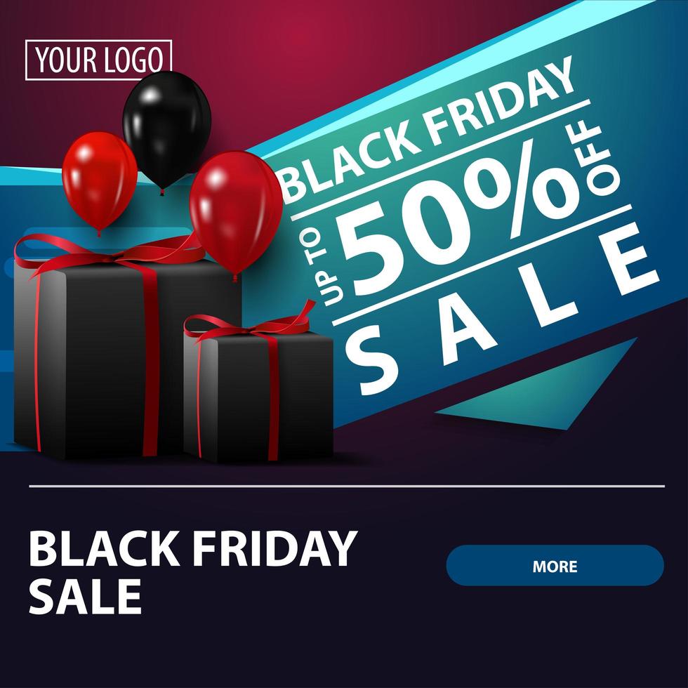 Black Friday sale, up to 50 off, square discount banner with gifts for your website vector