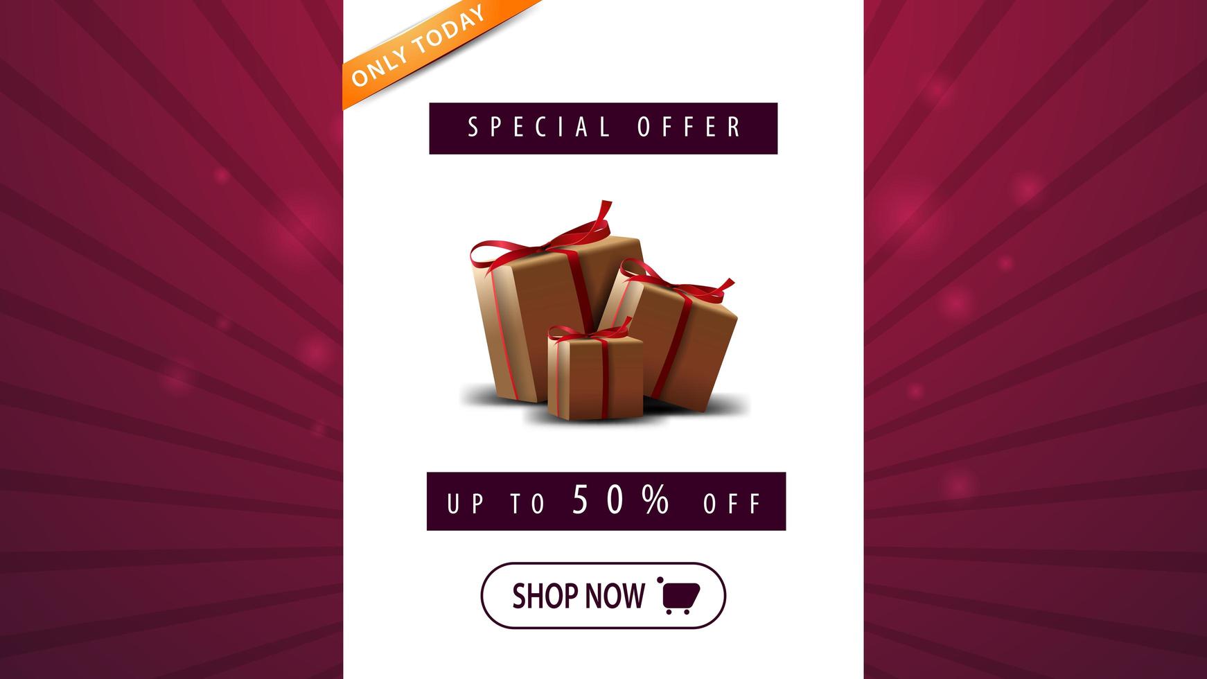 Only today, special offer, sale up to 50 off, horizontal discount banner with gift boxes vector
