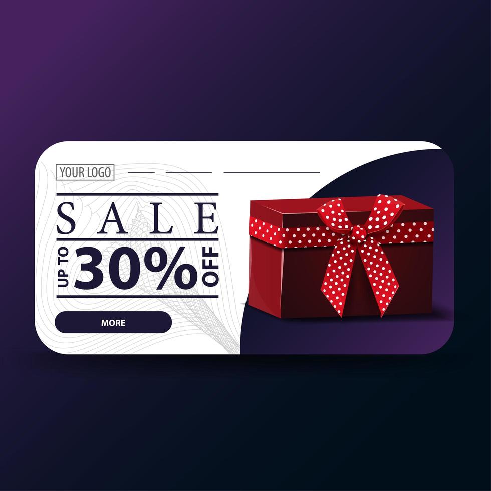 Sale, up to 30 off, modern white and purple banner with gift box vector