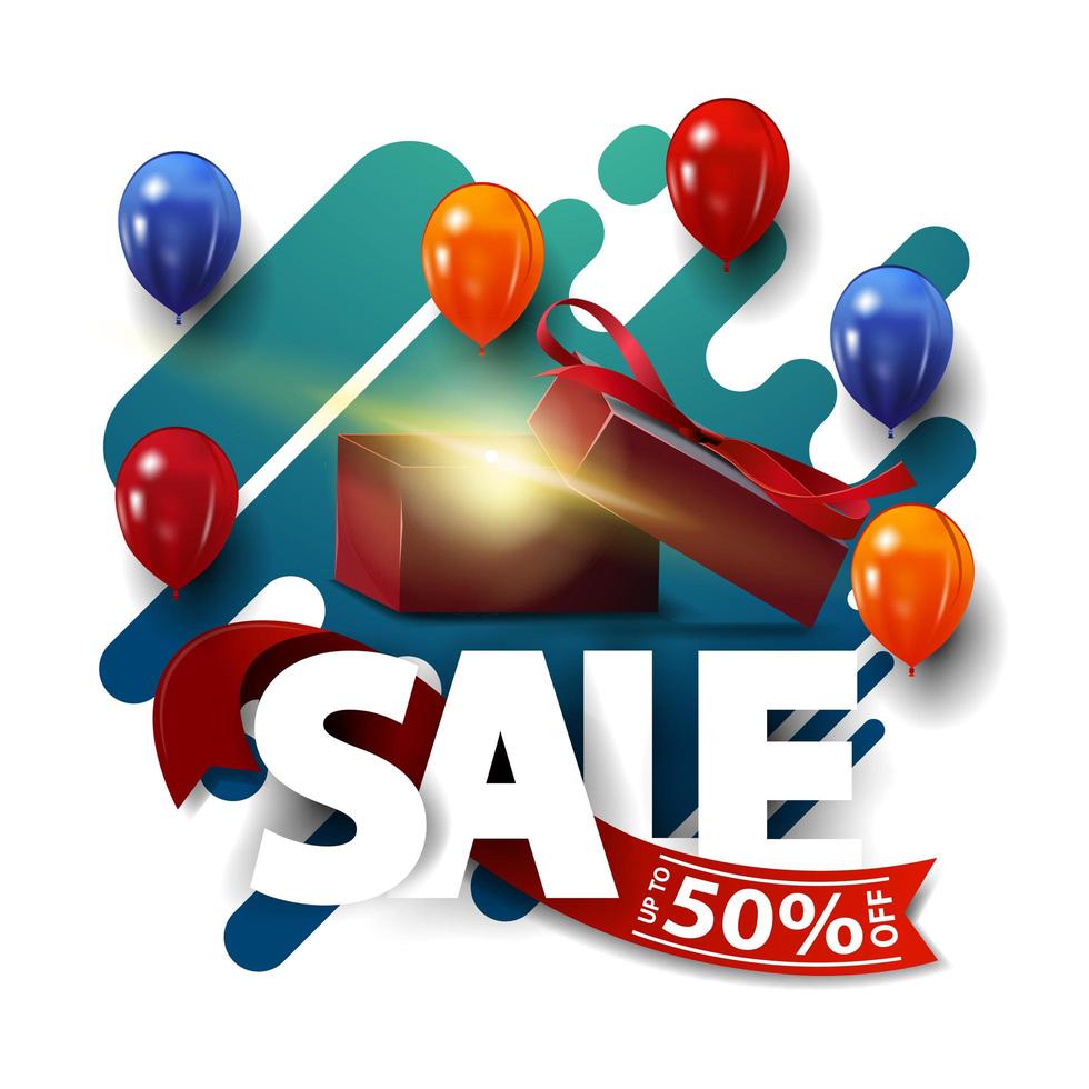 Sale, up to 50 off, green abstract square festive discount banner with balloons and gift box vector