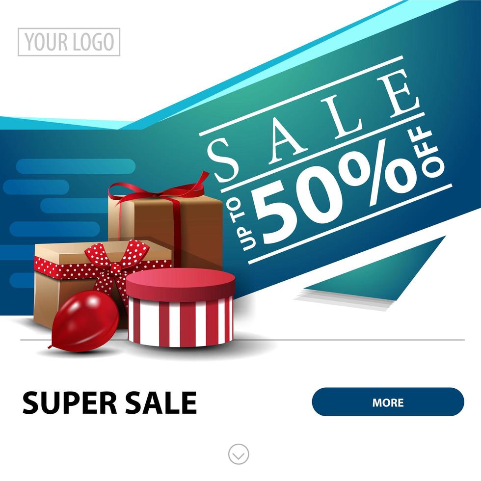 Sale, up to 50 off, white and blue square discount banner for website with gifts vector