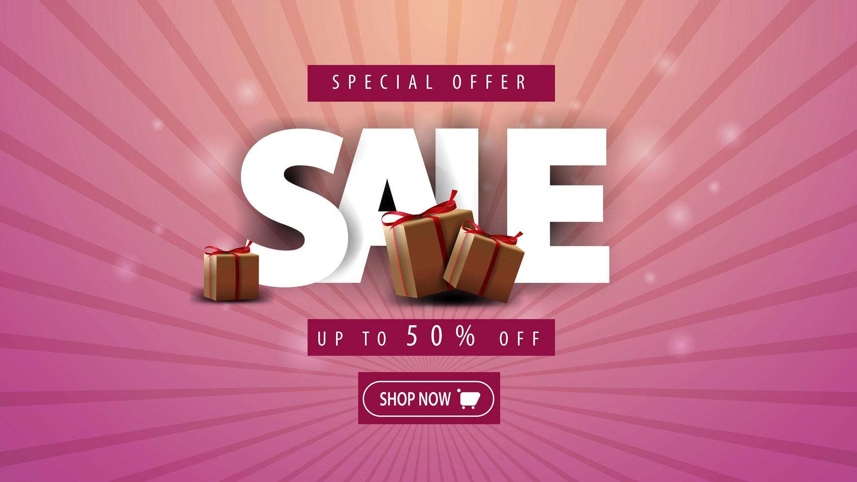 Special offer, sale up to 50 off, horizontal pink discount banner with gift boxes vector