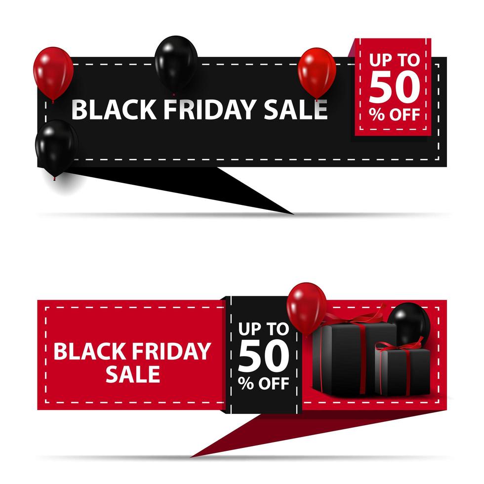 Black Friday sale, up to 50 off, black and red horizontal discount banners isolated on white background for your arts vector