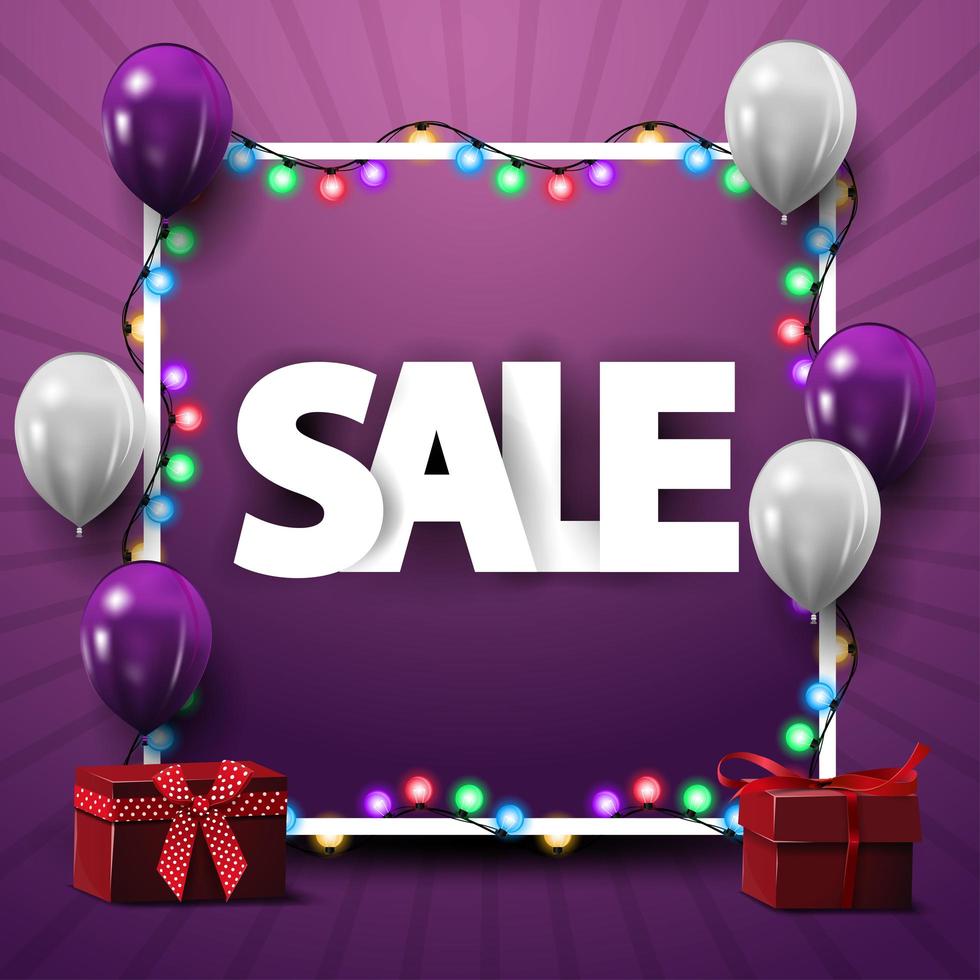 Square template for discount banner with frame, white and purple balloons and gifts vector