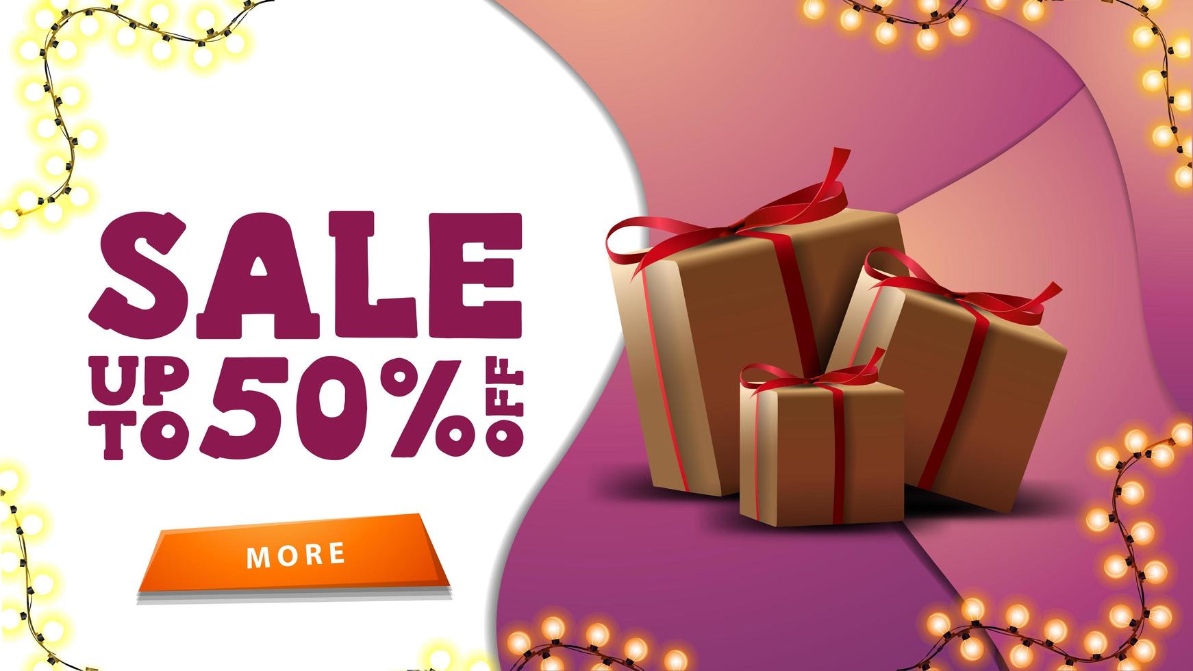 Sale, up to 50 off, discount pink banner vector