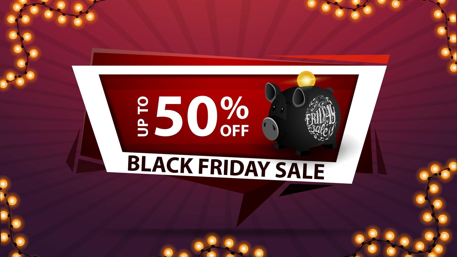 Black Friday sale, up to 50 off, discount web banner with piggy Bank vector